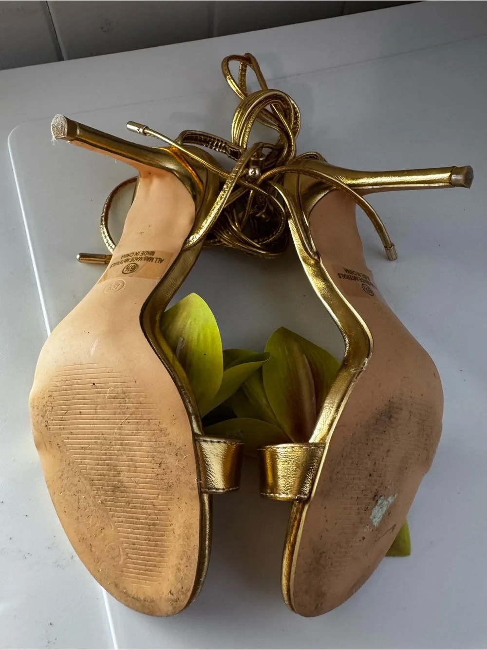 Miss Lola Gold with Green Floral Embellished High Heel Sandals